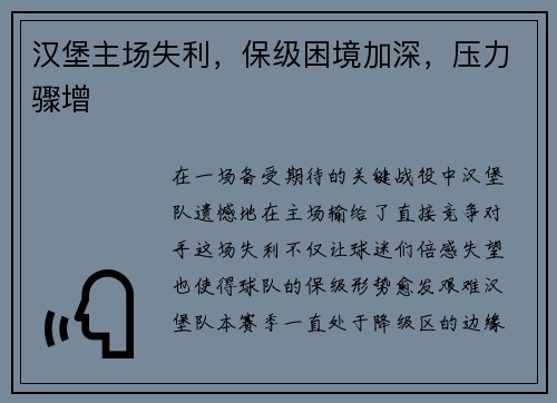 汉堡主场失利，保级困境加深，压力骤增