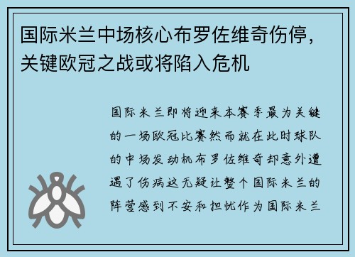 国际米兰中场核心布罗佐维奇伤停，关键欧冠之战或将陷入危机