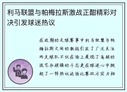 利马联盟与帕梅拉斯激战正酣精彩对决引发球迷热议